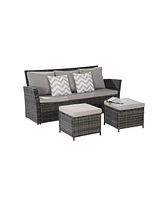 3-Piece Wicker Patio Set, Sofa, Ottomans, All-Weather Rattan