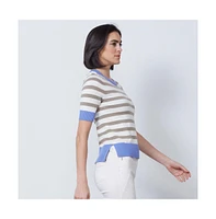 Etcetera Women's Beige Blue Stripes Jersey Pullover Sweater Notebook