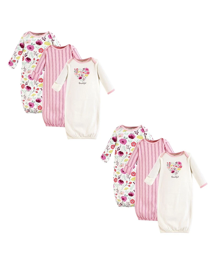 Touched by Nature Baby Girls Organic Cotton Gowns, Botanical 6-Piece, Preemie/Newborn