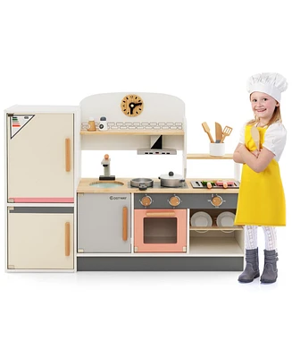 Kids Play Kitchen Set with Realistic Range Hood and Refrigerator