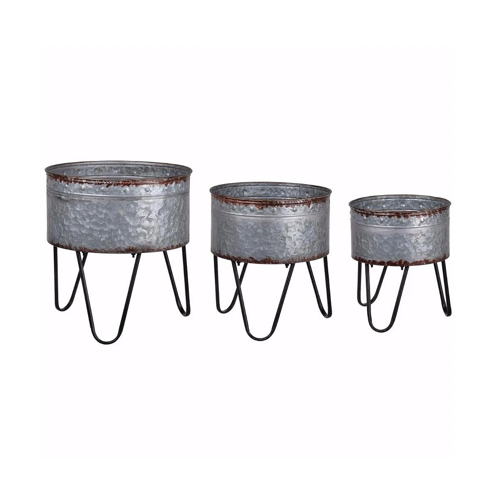Industrial Planter Set – 3 Galvanized Tubs with Hairpin Metal Legs