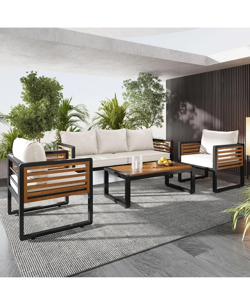 Large 4-pc Outdoor Sofa Set, 5-Person, Metal/Wood Frame, Thick Beige Cushions