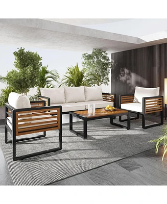 Large 4-pc Outdoor Sofa Set, 5-Person, Metal/Wood Frame, Thick Beige Cushions