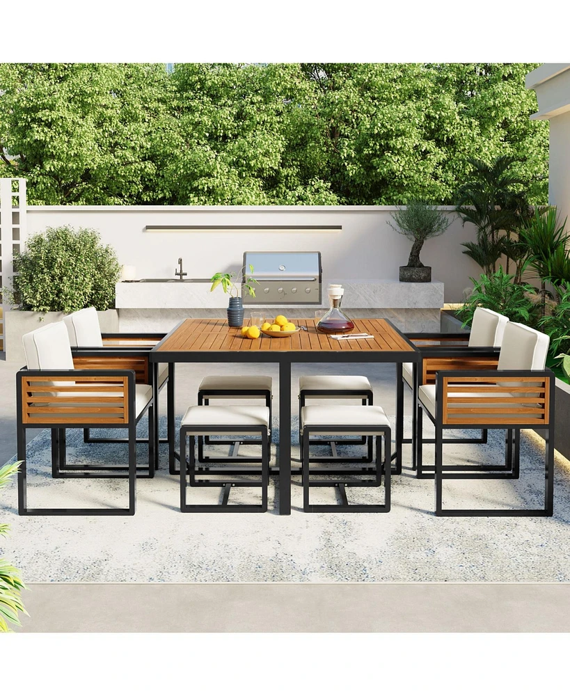 9-pc Acacia Patio Dining Set, Table, 4 Chairs, 4 Ottomans, Cushions