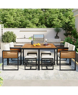 9-pc Acacia Patio Dining Set, Table, 4 Chairs, 4 Ottomans, Cushions