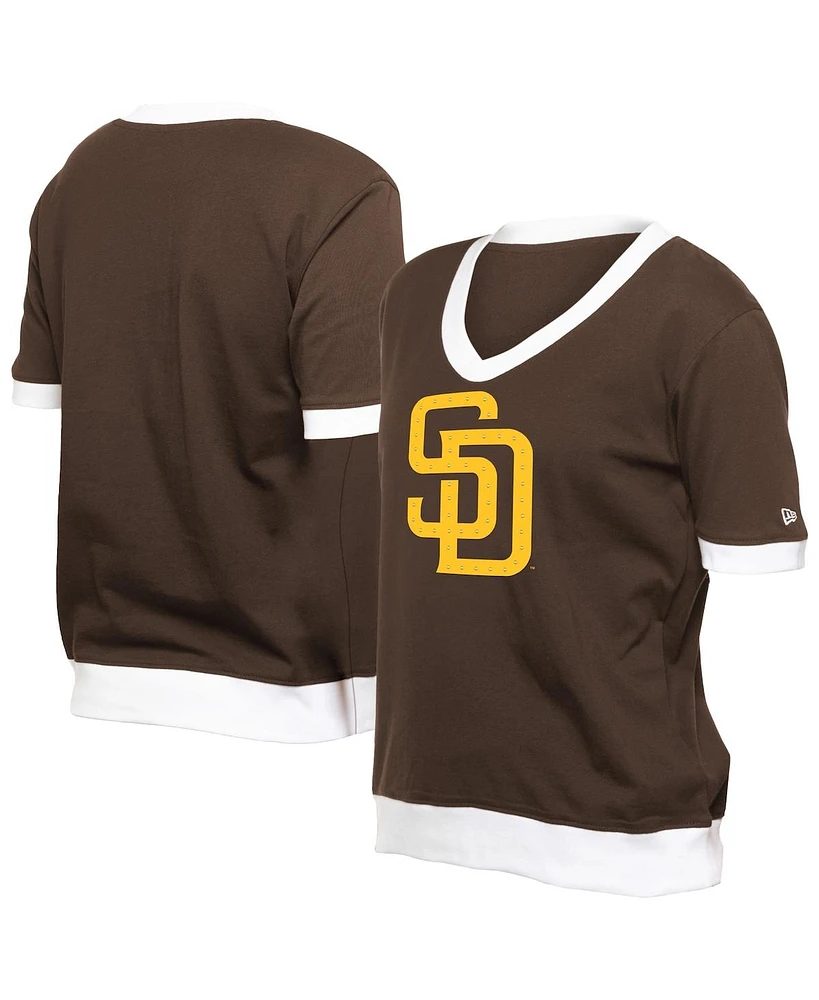 New Era Women's Brown San Diego Padres Game Day Rhinestone V-Neck T-Shirt