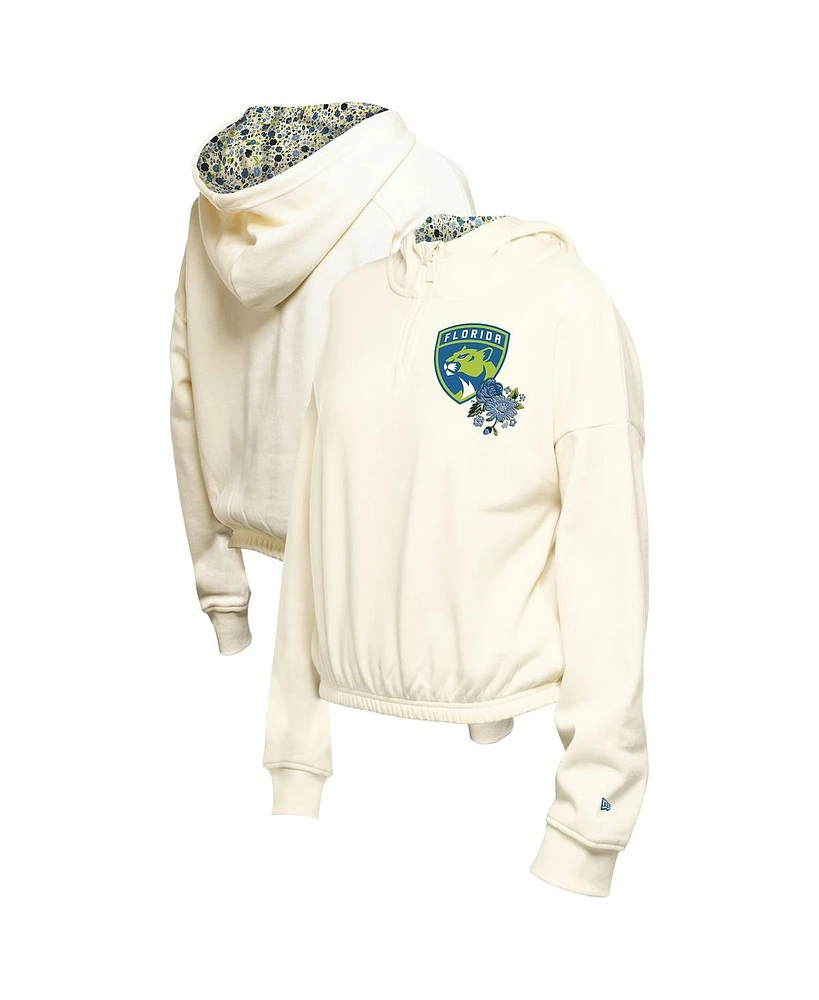 New Era Women's Cream Florida Panthers Glam Game Quarter-Zip Cropped Floral Hoodie Pullover Top