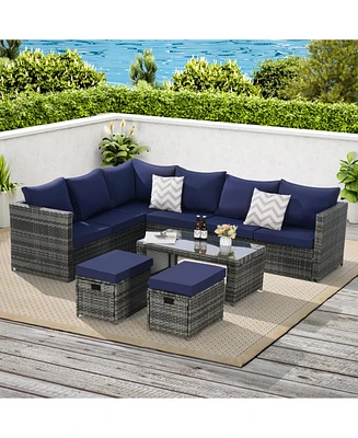 6pc Outdoor Patio Set, Wicker Sofa, Glass Table, Cushions & Pillows