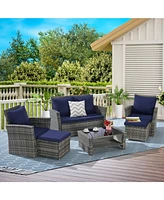 6 Piece Wicker Patio Furniture Sets with Ottoman & Tempered Glass Coffee Table