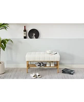 Embroidered Fabric Upholstered Shoe Bench with Shelf and Metal Legs