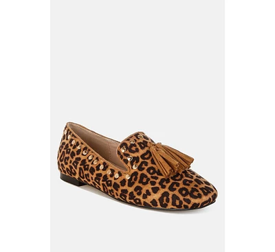 Niloha Studs & Tassels Detail Leopard Loafers