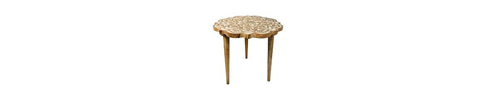 Mango Wood Side Table – Handcrafted Floral Carved Top & Sturdy Tripod Base