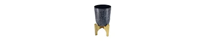 Artisanal Metal Planter – Round Hammered Pot on Wood Arch Stand