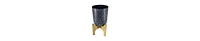 Artisanal Metal Planter – Round Hammered Pot on Wood Arch Stand