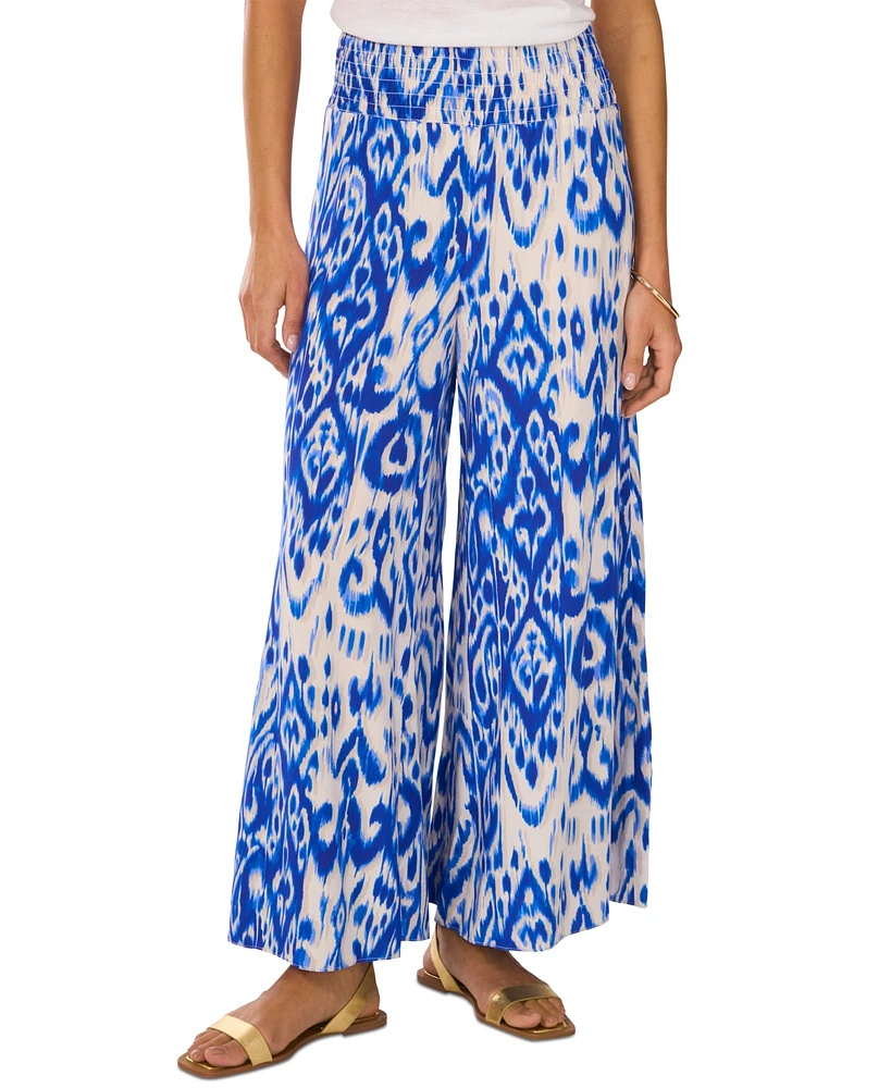 Vince Camuto Women's Ikat-Print Smocked-Waist Pull-On Wide-Leg Pants