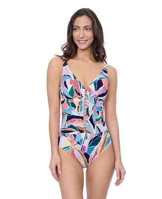 Profile by Gottex Women's Aura D Cup V Neck One Piece with Beaded Ladder Detail