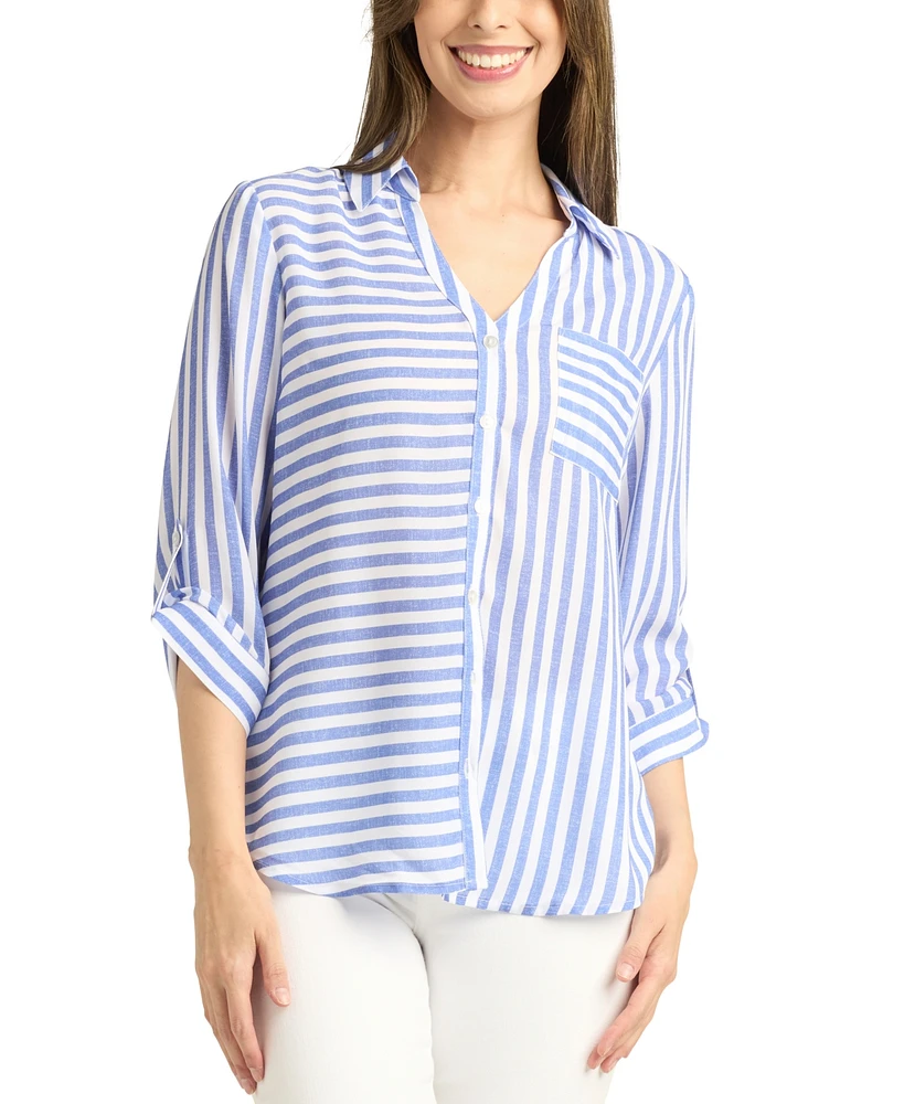 Bcx Juniors' Striped Button-Front 3/4-Sleeve Shirt