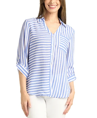 Bcx Juniors' Striped Button-Front 3/4-Sleeve Shirt