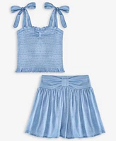 With Jules Big Girls Tie Shoulder Smocked Top Bow Waistband Skirt