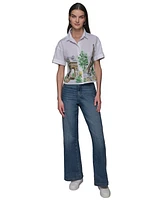 Karl Lagerfeld Paris Women's Cotton Crop Scene Button-Front Top