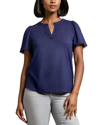 Jones New York Women's Drapey Split-Neck Short-Sleeve Top