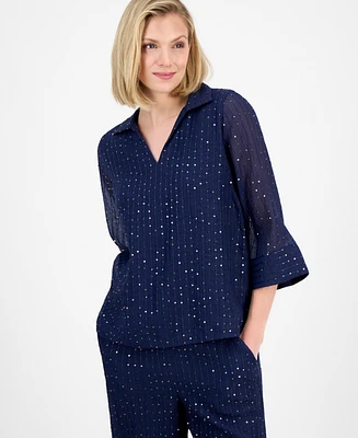 Jm Collection Women's Spread-Collar Crinkle Sequin Top, Exclusively at Macy's
