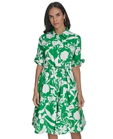 Calvin Klein Women's Cotton Floral-Print Belted Shirtdress