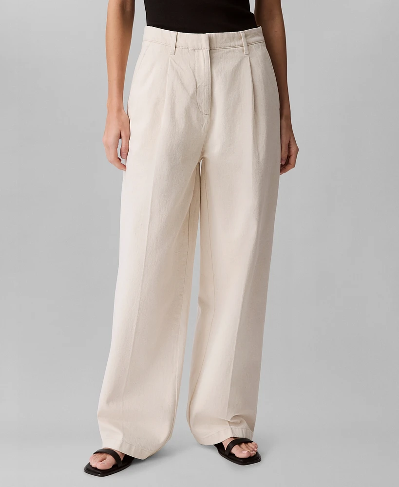 Calvin Klein Women's Cotton-Linen Pleated Wide-Leg Pants