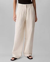 Calvin Klein Women's Cotton-Linen Pleated Wide-Leg Pants