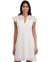 London Times Petite Cotton Eyelet-Embroidered Mini Dress