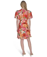 Vince Camuto Petite Cotton Floral-Print Puffed-Sleeve Dress