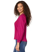 Democracy Petite Crewneck Crochet Long-Sleeve Top