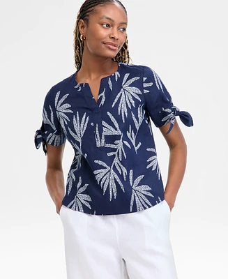 Charter Club Women's 100% Linen Tied-Sleeve Palm Shirt