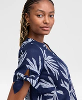 Charter Club Women's 100% Linen Tied-Sleeve Palm Shirt
