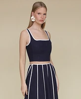 Avec Les Filles Women's Contrast-Trim Linen-Blend Crop Top