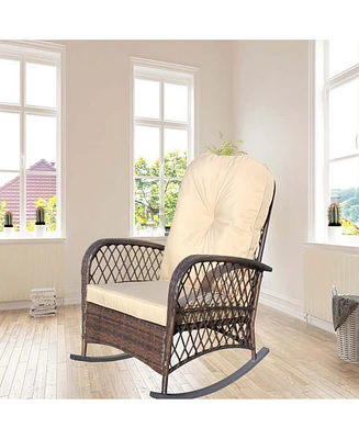 Outdoor wicker rocking chair, wide seat, thick cushion, steel frame, brown cushion