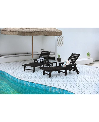 3-Pc Oversized Patio Lounge Set, Black chaise lounges (2) with table, wheels & cupholder