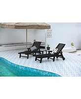 3-Pc Oversized Patio Lounge Set, Black chaise lounges (2) with table, wheels & cupholder