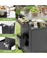 Black Outdoor Grill Cart, Rolling Bbq Table with Storage & Hooks