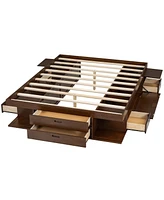 Storage Platform Bed Frame with Multiple Drawers and Shelves No Box Spring Needed,Queen Size,Walnut