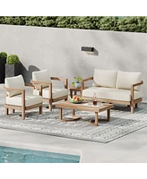 Acacia patio set, table, cushioned seating, Brown/beige