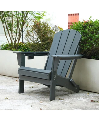 Gray Hdpe Folding Adirondack Chair, Dual Cup Holder, Wood Texture