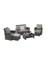 6 Piece Wicker Patio Furniture Sets with Ottoman & Tempered Glass Coffee Table