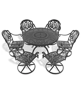 7-Pc Cast Aluminum Dining Set, 6 Swivel Chairs, 47" Round Table, Black Frame