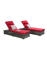 Outdoor chaise lounge set (2) with storage, adjustable backrests, table, cushions