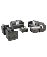 6-Piece Outdoor Wicker Patio Conversation Set w/ Cushions & Glass Table