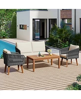 4-Piece Patio Furniture Set, Loveseat, Rope Conversation Set, Cushions (Beige/Grey)