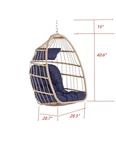 Outdoor Garden Rattan Egg Swing Chair Hanging Chair Wood + Dark Blue