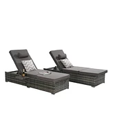 Outdoor chaise lounge set (2) with storage, adjustable backrests, table