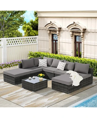8-Piece Outdoor Wicker Patio Sofa Set w/ Washable Cushions & Glass Table